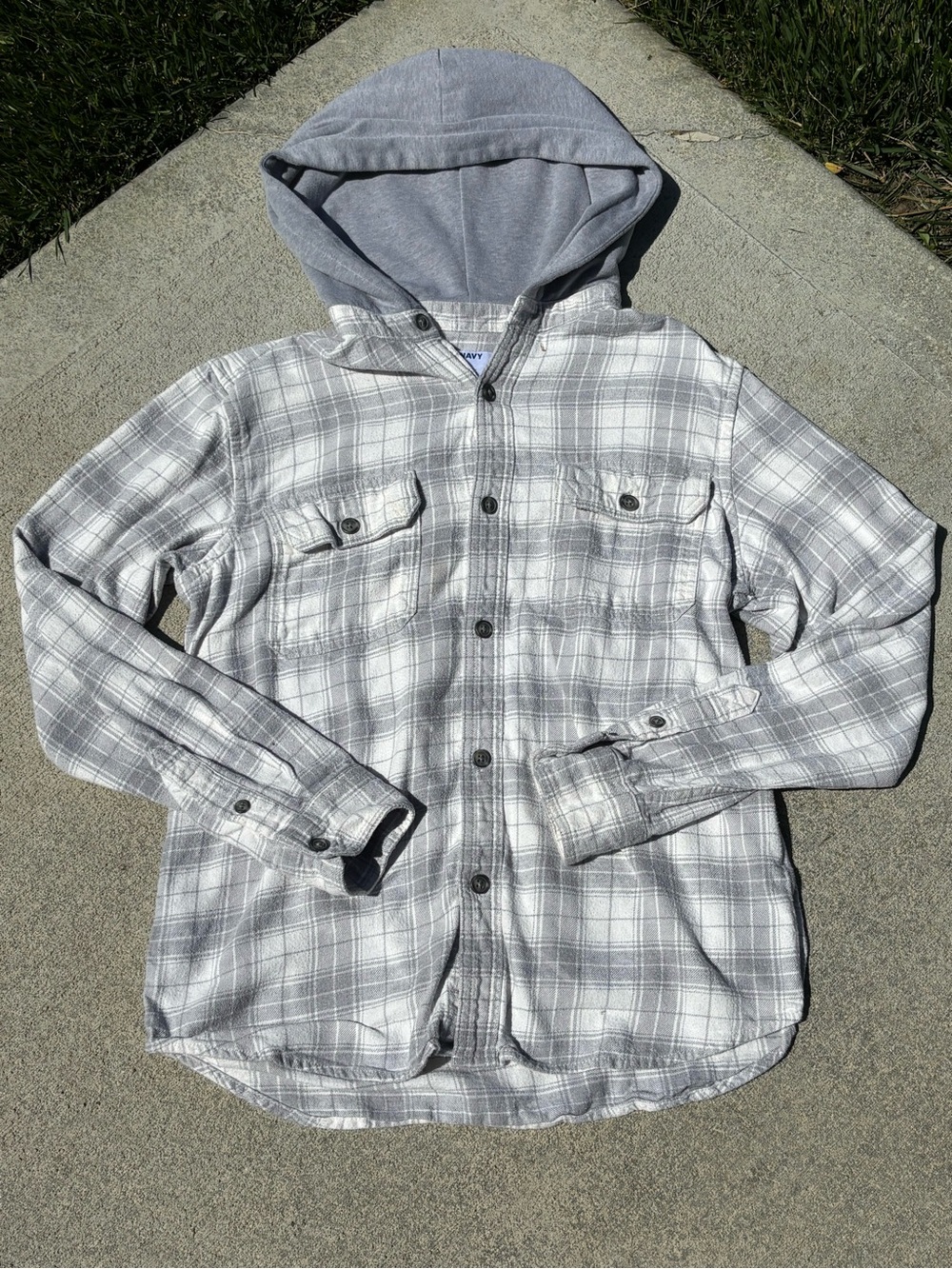 Old Navy Gray and White Plaid Hooded Button-Down Shirt